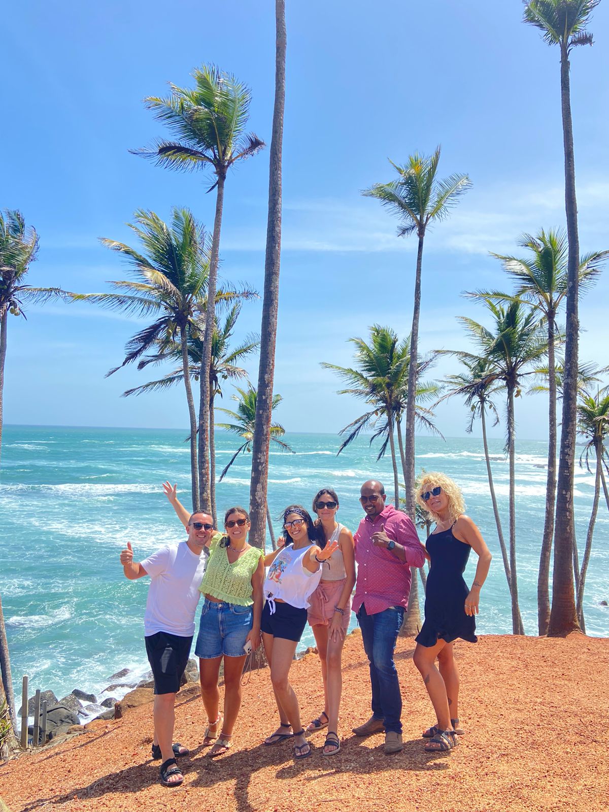 A group holding a Sri Lankan flag on a palm-lined beach