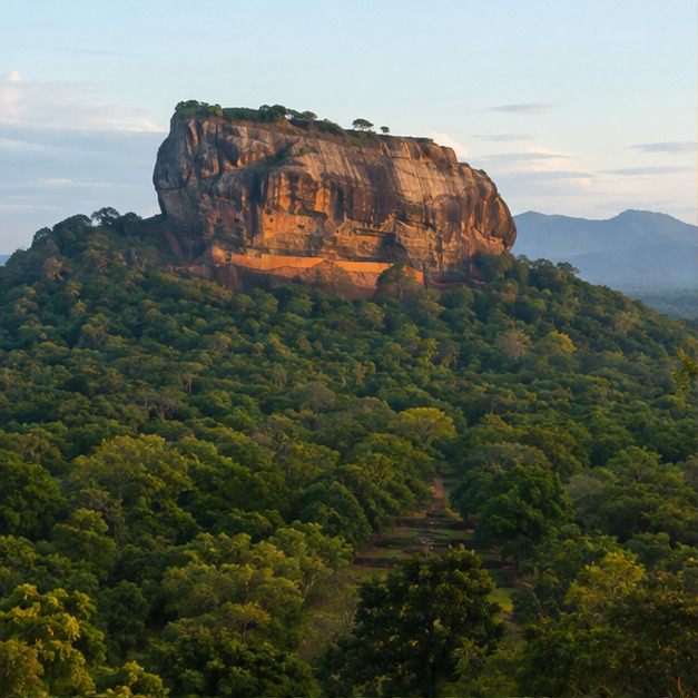 Sigiriya Rock Fortress rising above the surrounding green forest